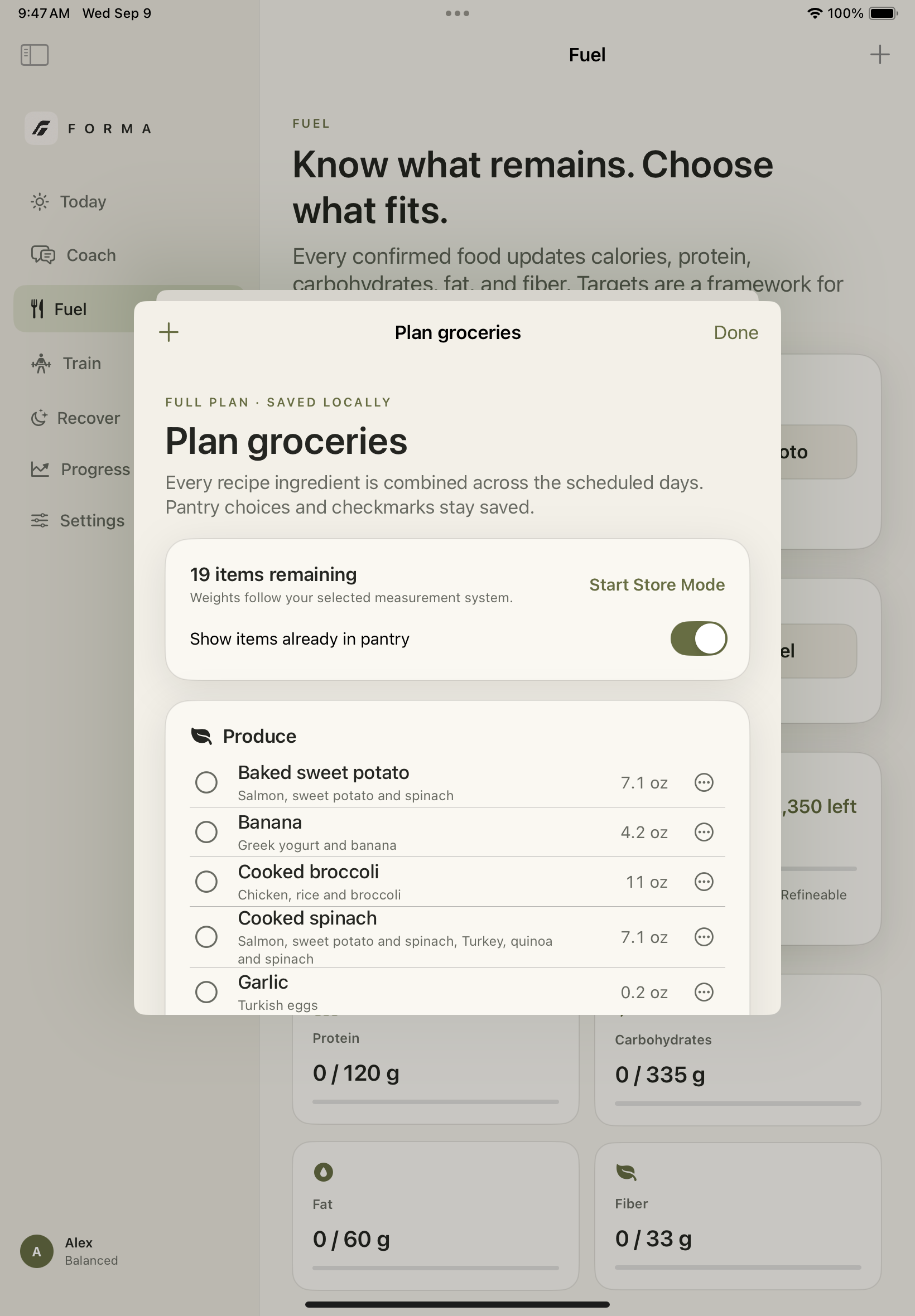 FORMA grocery list generated from the meal plan