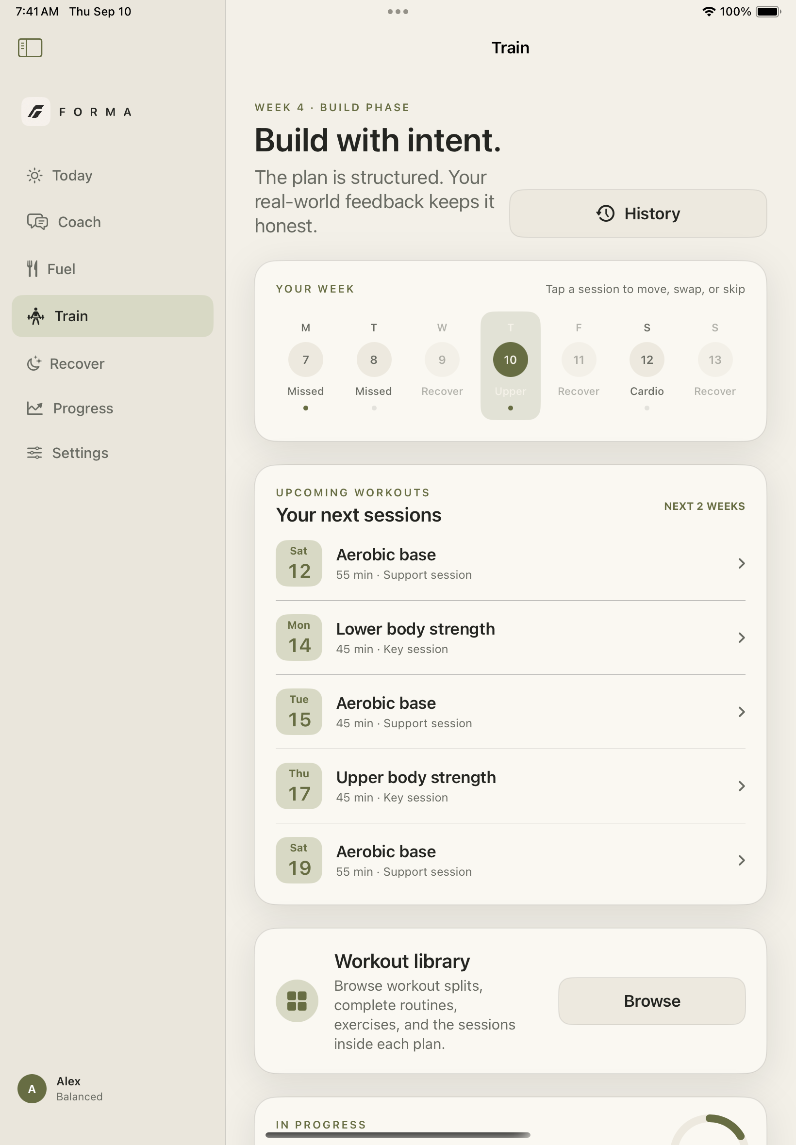 FORMA training page with upcoming sessions and workout library