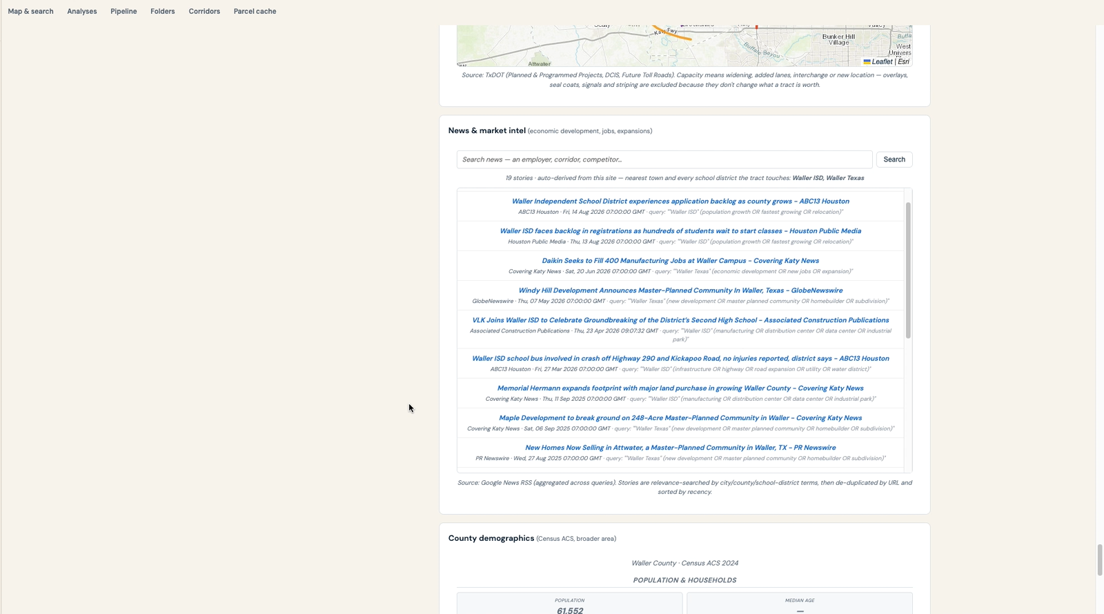 GIS market-intelligence feed tied to the project location