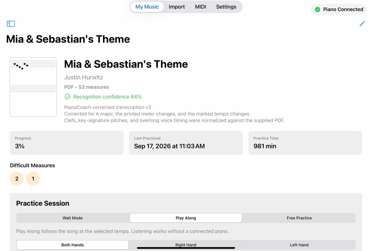 PianoCoach piece overview with recognition confidence, progress and practice controls