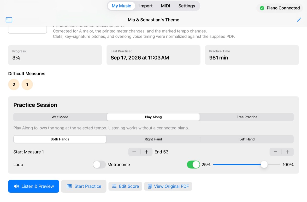 PianoCoach practice session setup showing Wait Mode, Play Along, Free Practice and hand controls